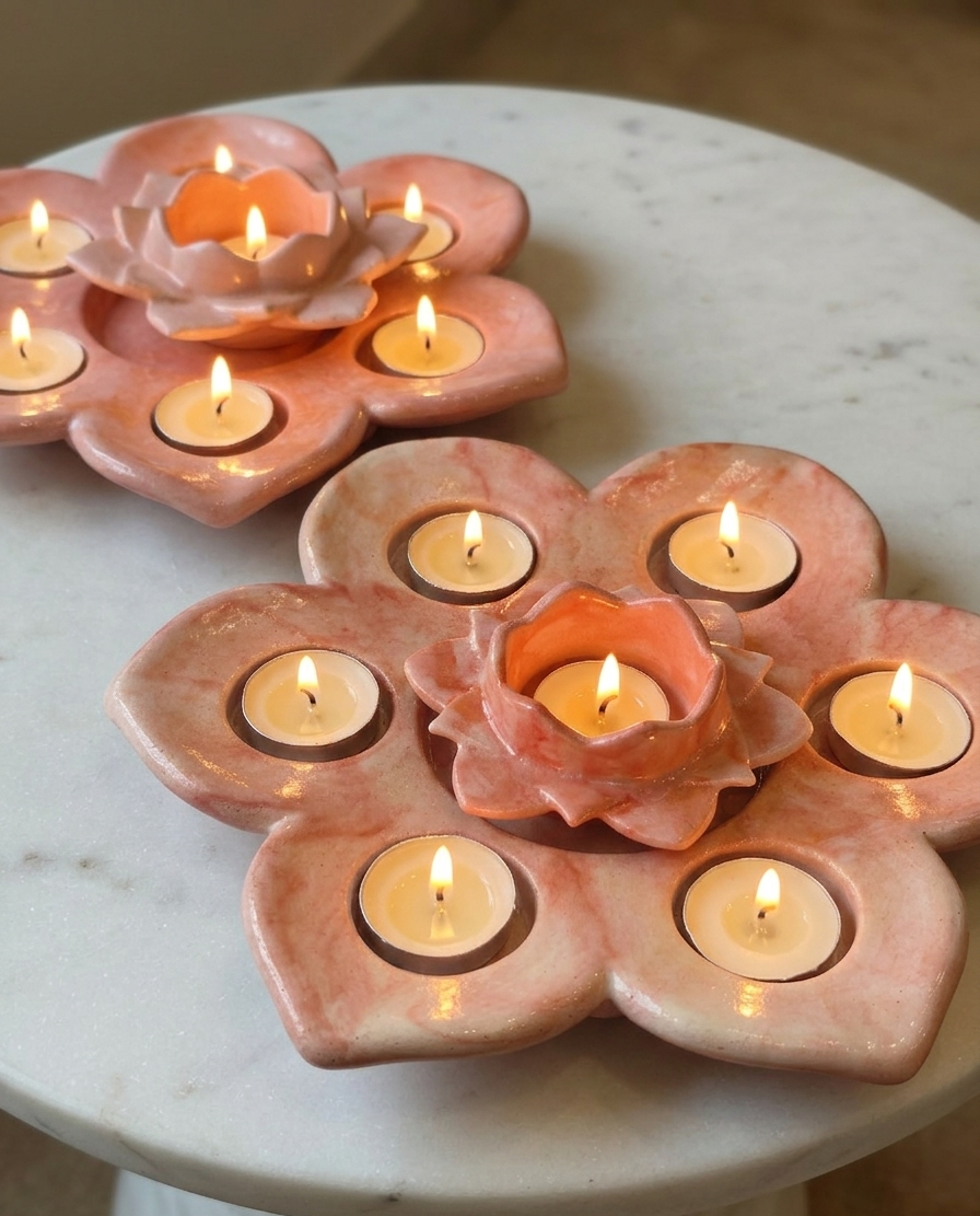 Aura Lotus in blush pink, pair, lit