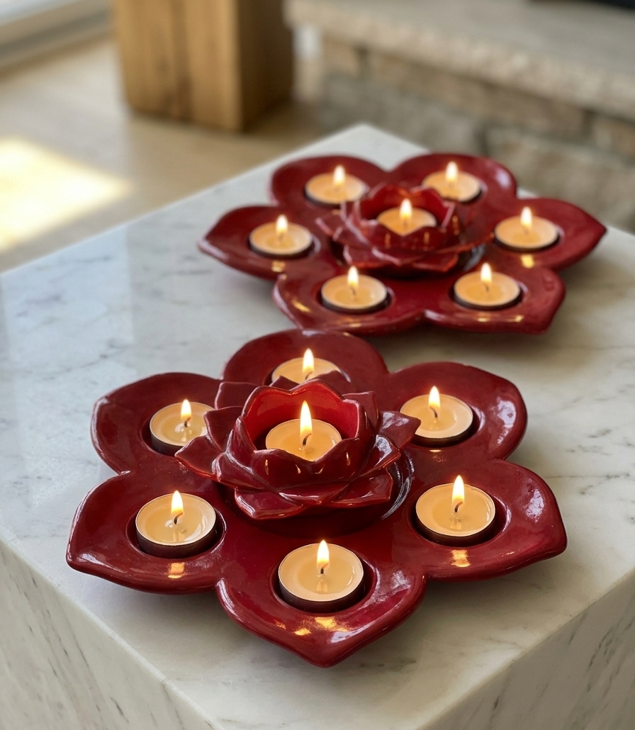 Aura Lotus in deep red, pair, lit