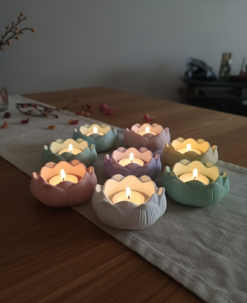 Lotus tealight holders in soft pastel colours