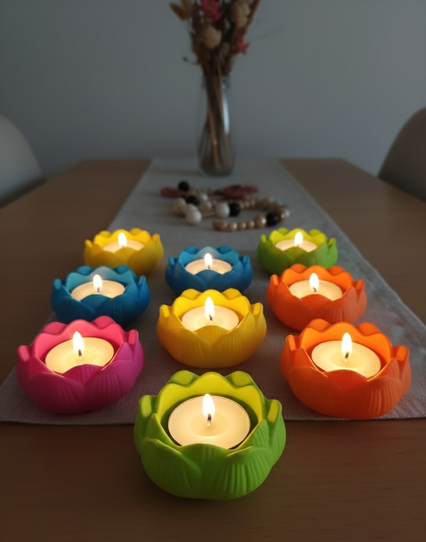 Lotus tealight holders in vivid rainbow colours