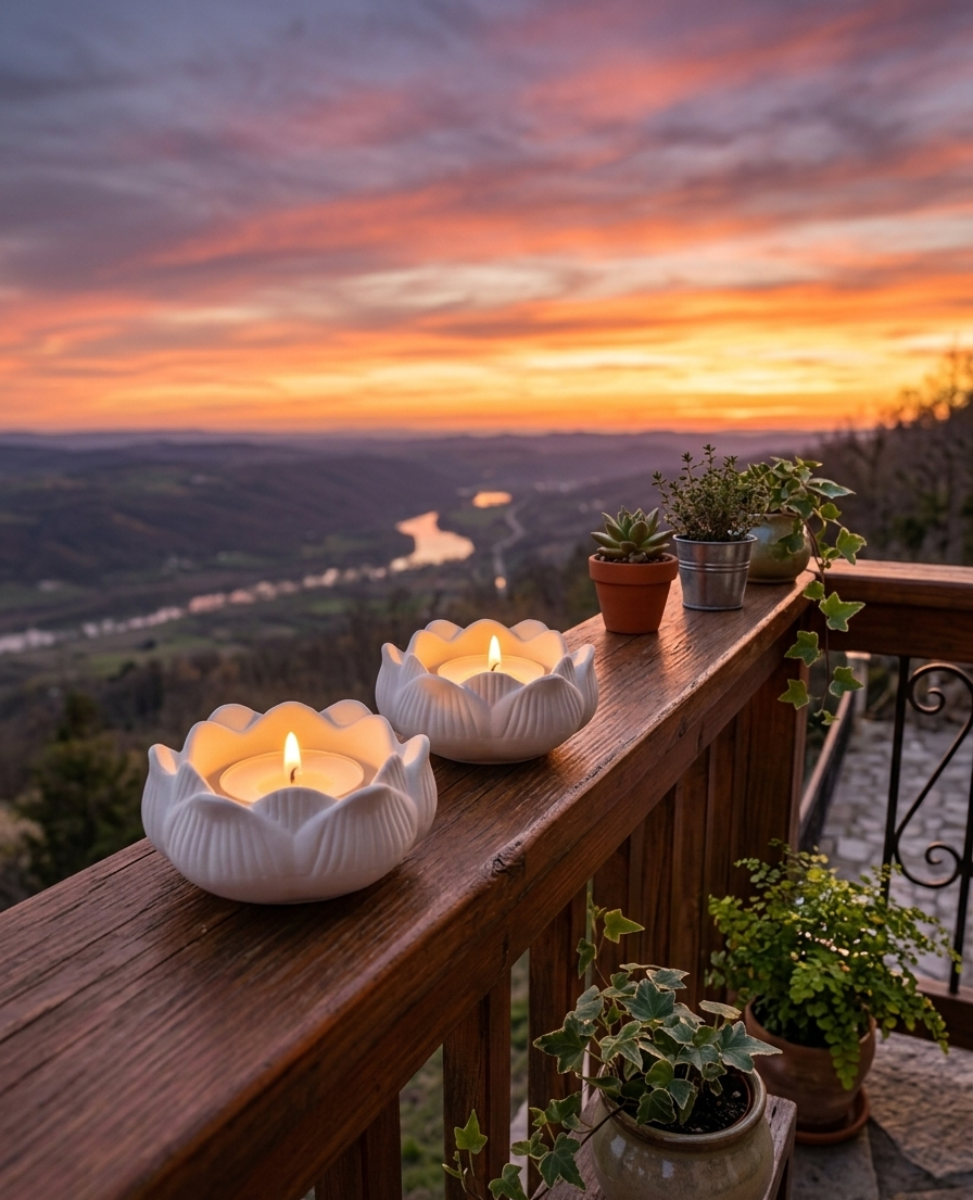 White lotus tealight holders on a balcony railing at sunset