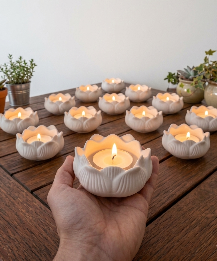 White lotus tealight holder held in hand, more arranged behind