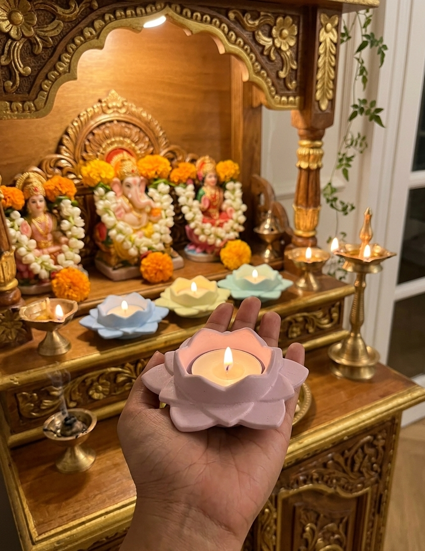 Lotus II lavender held in hand at a home mandir