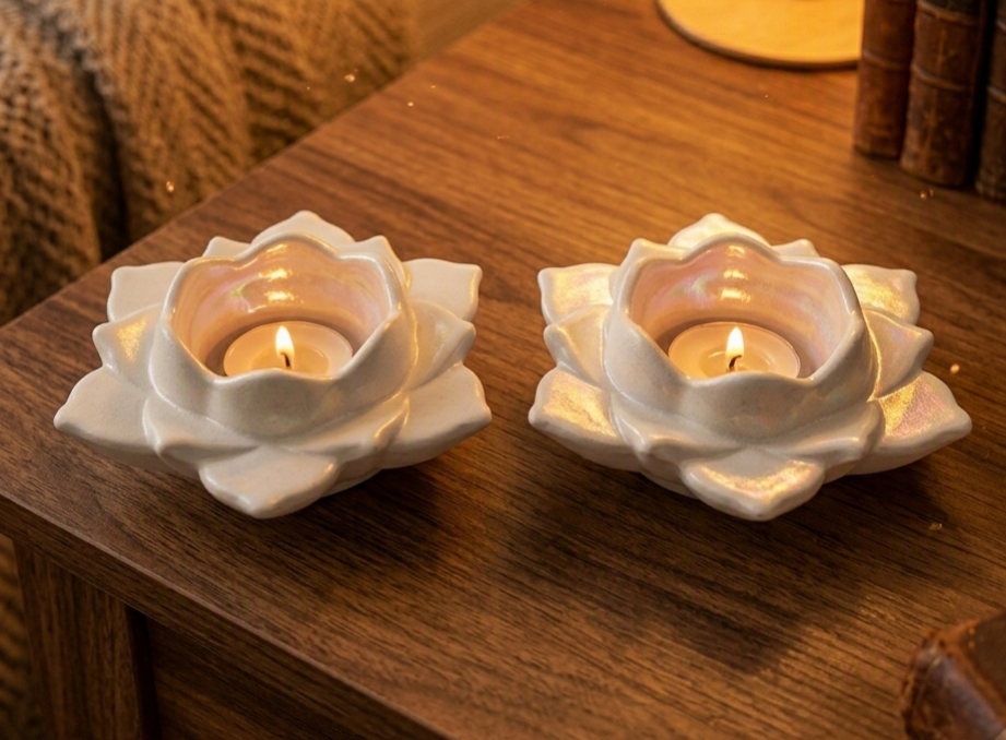 Lotus II pearl white pair on a wooden table