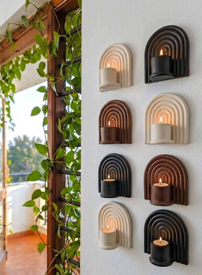 Lumen sconces in cream, black, and brown on a wall