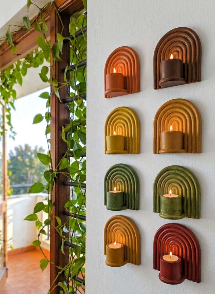 Lumen sconces in rust, mustard, green, and red on a wall