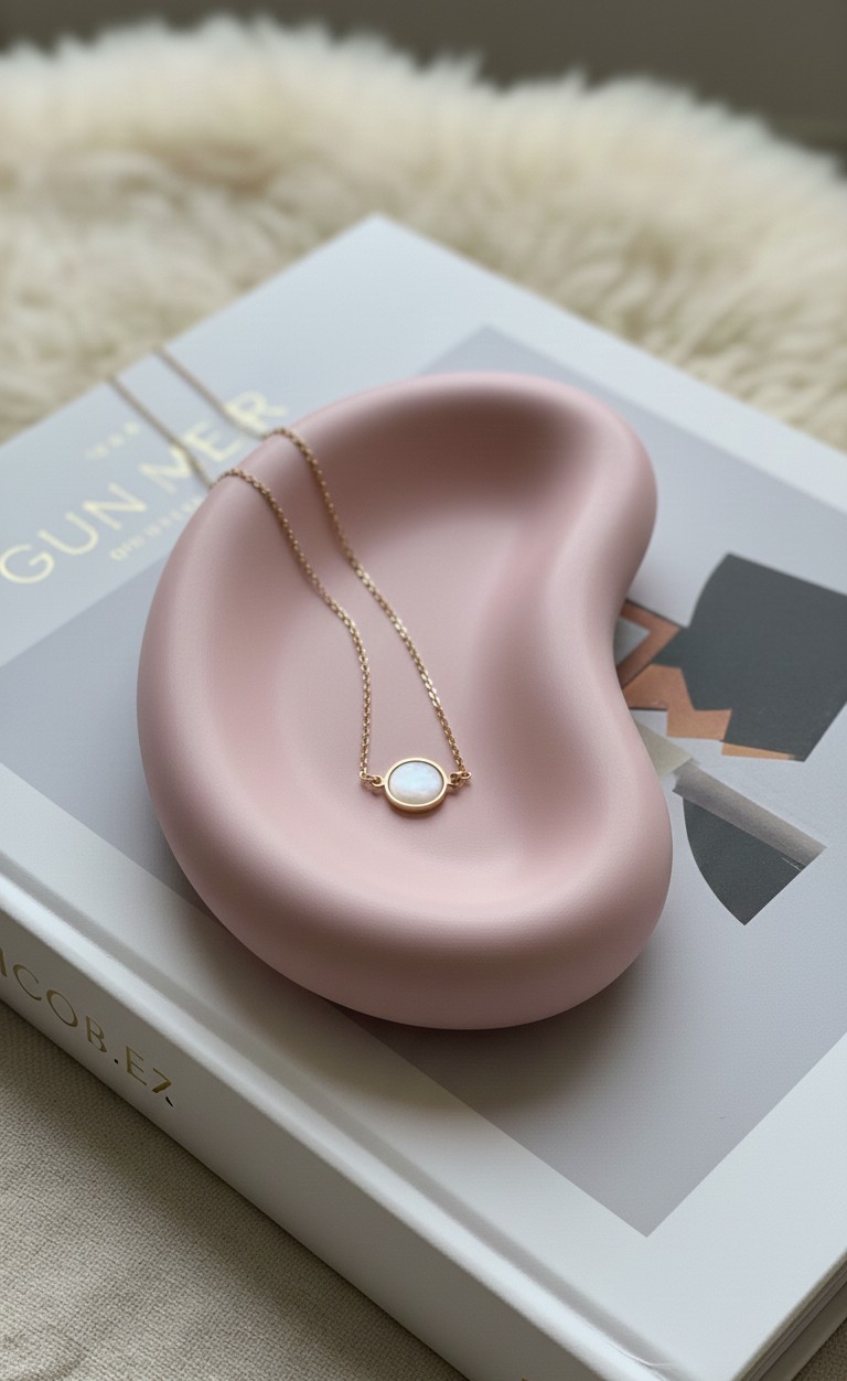 LUNA matte pink trinket tray with necklace