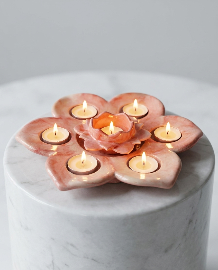 Aura Lotus multi-petal ceramic candle holder with seven lit tealights