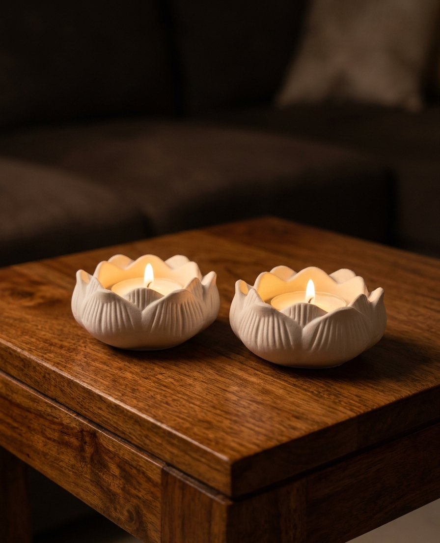 Pair of white ceramic lotus tealight candle holders, lit, on a wooden table