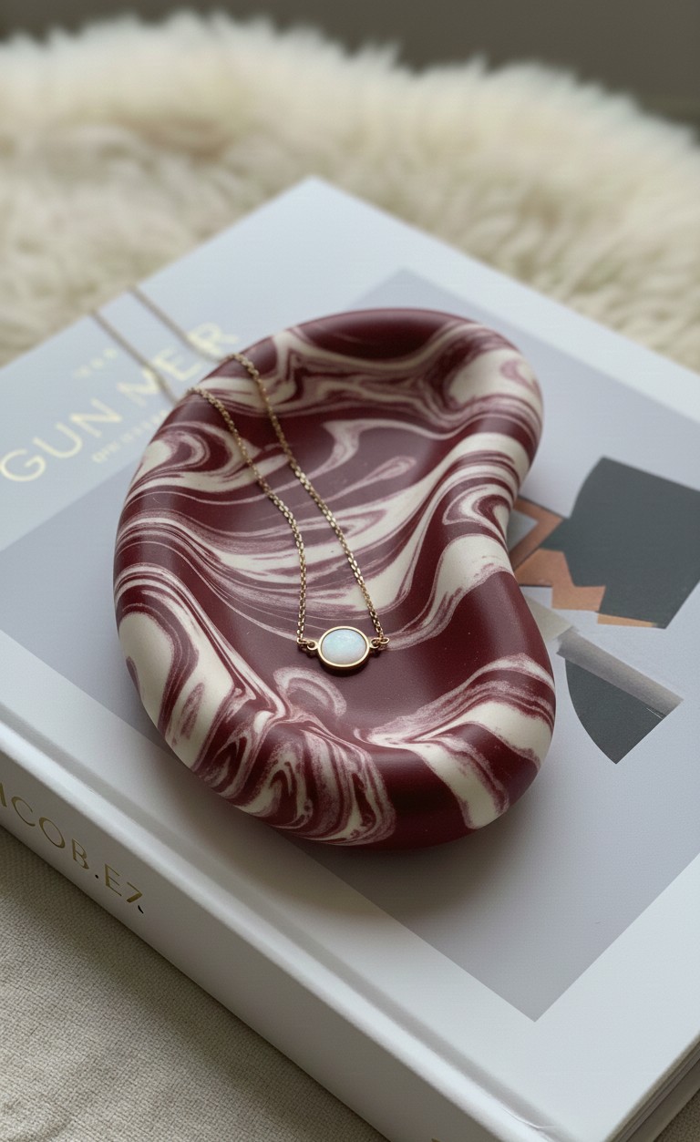 LUNA bean-shaped burgundy marbled ceramic trinket tray with necklace styled on top